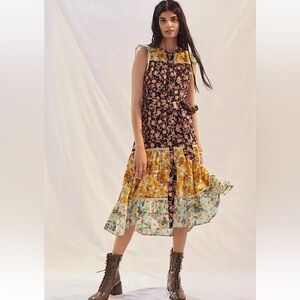 Anthropologie Ruffled Floral Midi Dress Black motif size XS